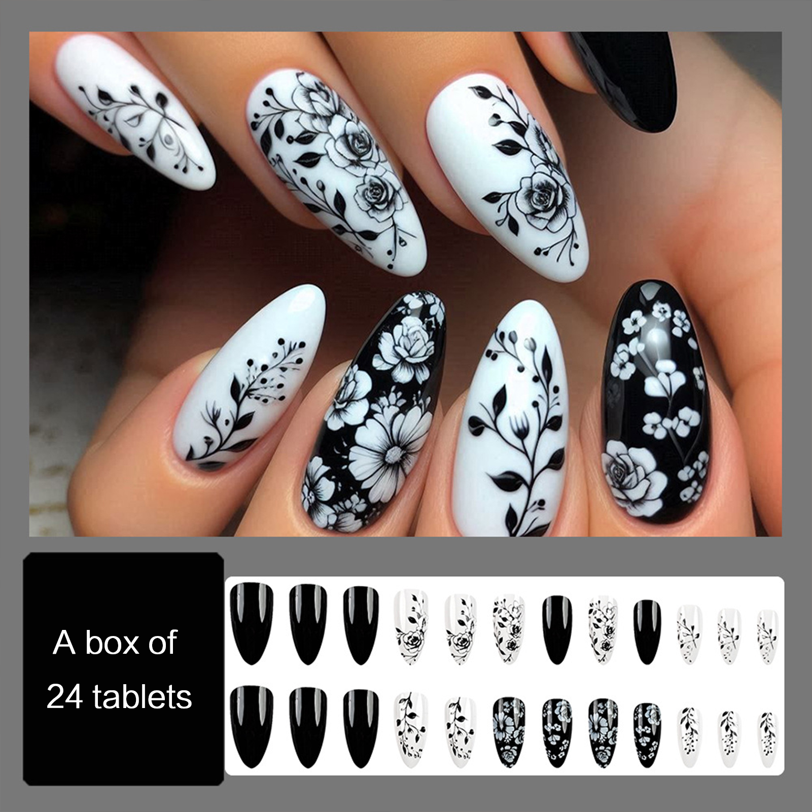 24Pcs Almond Fake Nails Black/ - Pressed Flower Art 评论和价格