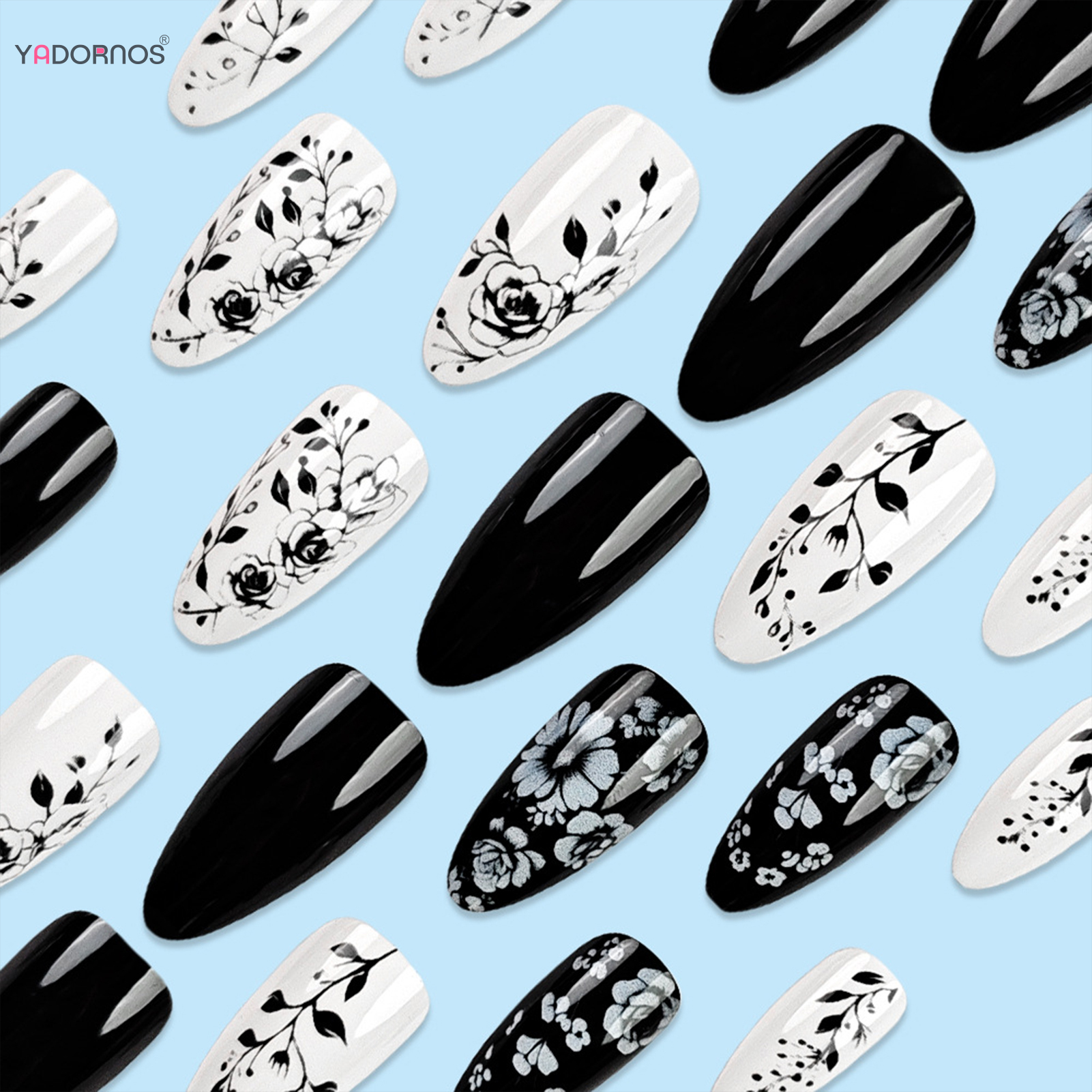 24Pcs Almond Fake Nails Black/ - Pressed Flower Art 评论和价格