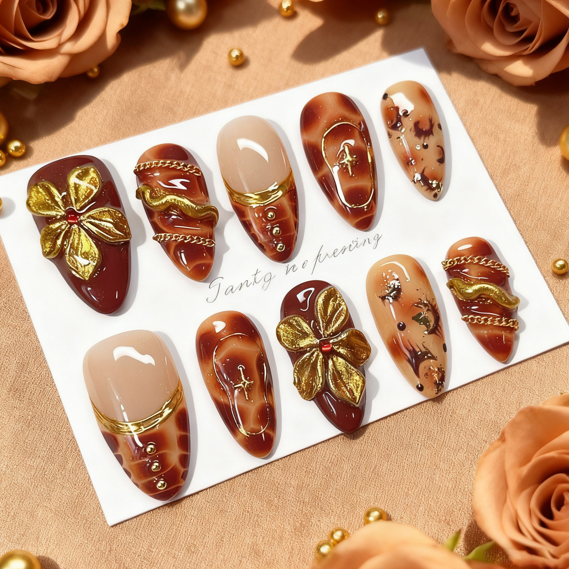24pcs Flower False Nails Brown - Pressed Flower Art 评论和价格