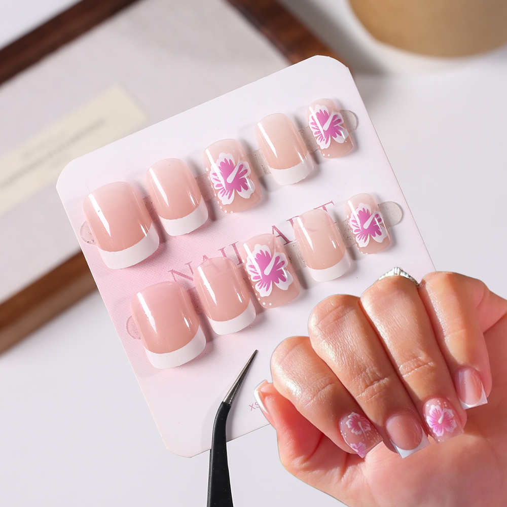24Pcs French Flower False Nail - Pressed Flower Art 评论和价格