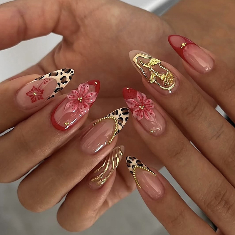 24pcs Red French Press on Nail - Pressed Flower Art 评论和价格